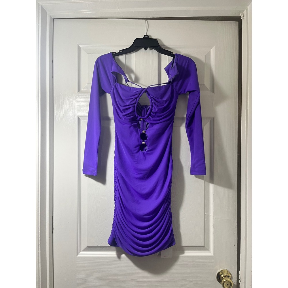 Parthea Purple Ruched Bodycon Mini‎ Dress Long Sleeve Cutout Rhinestone XS NEW